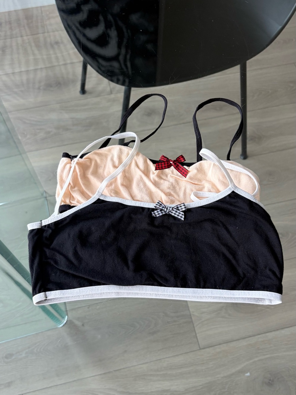 Black and Peach Cotton Bralette Duo with Gingham Bows
